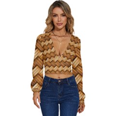 Wooden Weaving Texture Long Sleeve Deep-v Velour Top by 99art