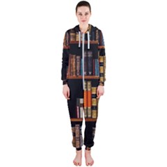 Assorted Title Of Books Piled In The Shelves Assorted Book Lot Inside The Wooden Shelf Hooded Jumpsuit (ladies) by 99art