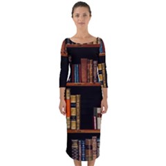 Assorted Title Of Books Piled In The Shelves Assorted Book Lot Inside The Wooden Shelf Quarter Sleeve Midi Bodycon Dress by 99art