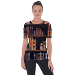 Assorted Title Of Books Piled In The Shelves Assorted Book Lot Inside The Wooden Shelf Shoulder Cut Out Short Sleeve Top by 99art