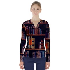 Assorted Title Of Books Piled In The Shelves Assorted Book Lot Inside The Wooden Shelf V-neck Long Sleeve Top by 99art