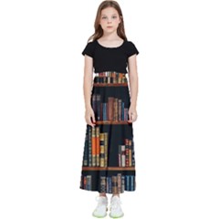 Assorted Title Of Books Piled In The Shelves Assorted Book Lot Inside The Wooden Shelf Kids  Flared Maxi Skirt by 99art