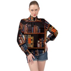 Assorted Title Of Books Piled In The Shelves Assorted Book Lot Inside The Wooden Shelf High Neck Long Sleeve Chiffon Top by 99art