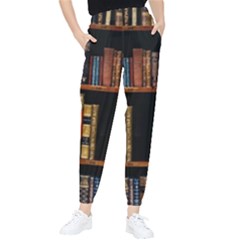 Assorted Title Of Books Piled In The Shelves Assorted Book Lot Inside The Wooden Shelf Women s Tapered Pants by 99art