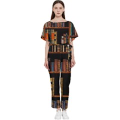 Assorted Title Of Books Piled In The Shelves Assorted Book Lot Inside The Wooden Shelf Batwing Lightweight Chiffon Jumpsuit by 99art