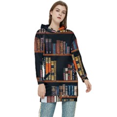 Assorted Title Of Books Piled In The Shelves Assorted Book Lot Inside The Wooden Shelf Women s Long Oversized Pullover Hoodie by 99art