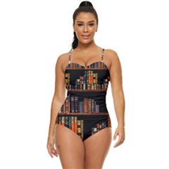 Assorted Title Of Books Piled In The Shelves Assorted Book Lot Inside The Wooden Shelf Retro Full Coverage Swimsuit by 99art