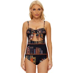 Assorted Title Of Books Piled In The Shelves Assorted Book Lot Inside The Wooden Shelf Knot Front One-piece Swimsuit by 99art