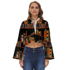 Assorted Title Of Books Piled In The Shelves Assorted Book Lot Inside The Wooden Shelf Boho Long Bell Sleeve Top by 99art