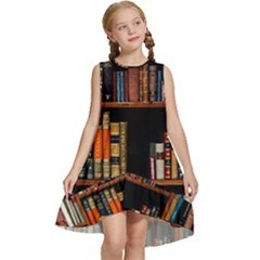 Assorted Title Of Books Piled In The Shelves Assorted Book Lot Inside The Wooden Shelf Kids  Frill Swing Dress by 99art