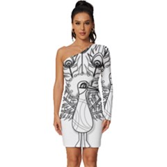 Peacock-plumage-display-bird Long Sleeve One Shoulder Mini Dress by 99art