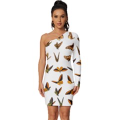 Butterfly Butterflies Insect Swarm Long Sleeve One Shoulder Mini Dress by 99art