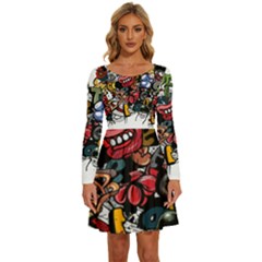 Mural Graffiti Paint Long Sleeve Wide Neck Velvet Dress by 99art