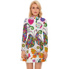 Butterflies Abstract Colorful Floral Flowers Vector Long Sleeve Velour Longline Dress by B30l