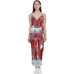 Red Strawberries Water Squirt Strawberry Fresh Splash Drops V-neck Spaghetti Strap Tie Front Jumpsuit by B30l