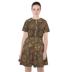 Brown And Green Floral Print Textile Ornament Pattern Texture Sailor Dress by danenraven