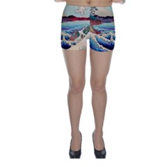 Wave Japanese Mount Fuji Woodblock Print Ocean Skinny Shorts by Cowasu