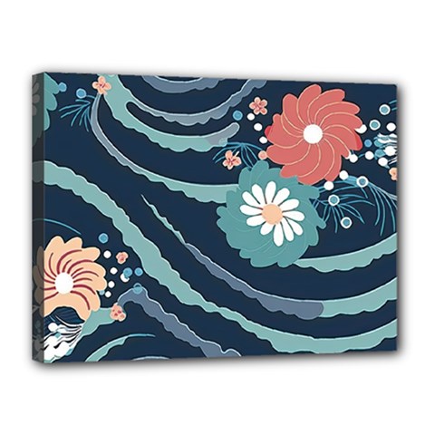 Waves Flowers Pattern Water Floral Minimalist Canvas 16  X 12  (stretched) by danenraven