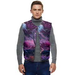 Landscape Painting Purple Tree Men s Short Button Up Puffer Vest	 by Ndabl3x