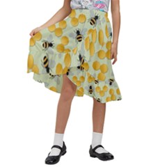 Honey Bee Bees Pattern Kids  Ruffle Flared Wrap Midi Skirt by Ndabl3x