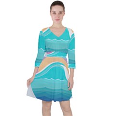 Tsunami Tidal Wave Minimalist Logo Ocean Sea Quarter Sleeve Ruffle Waist Dress by Wav3s