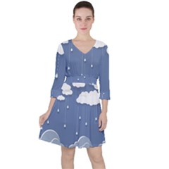 Blue Clouds Rain Raindrops Weather Sky Raining Quarter Sleeve Ruffle Waist Dress by Wav3s