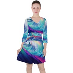 Wave Ocean Sea Tsunami Nautical Nature Water Quarter Sleeve Ruffle Waist Dress by Wav3s