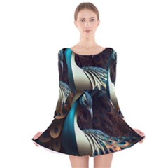 Peacock Bird Feathers Plumage Colorful Texture Abstract Long Sleeve Velvet Skater Dress by Wav3s