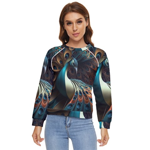 Peacock Bird Feathers Plumage Colorful Texture Abstract Women s Long Sleeve Raglan Tee by Wav3s