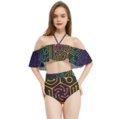 Circuit Hexagonal Geometric Pattern Background Pattern Halter Flowy Bikini Set  by Wav3s