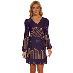 Skyscraper-town-urban-towers Long Sleeve Waist Tie Ruffle Velvet Dress by Wav3s