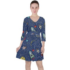 Cat-cosmos-cosmonaut-rocket Quarter Sleeve Ruffle Waist Dress by Wav3s