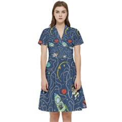 Cat-cosmos-cosmonaut-rocket Short Sleeve Waist Detail Dress by Wav3s