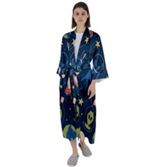 Seamless-pattern-with-funny-aliens-cat-galaxy Maxi Satin Kimono by Wav3s