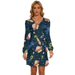 Seamless-pattern-with-funny-aliens-cat-galaxy Long Sleeve Waist Tie Ruffle Velvet Dress by Wav3s