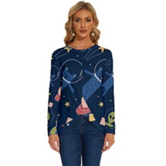 Seamless-pattern-with-funny-aliens-cat-galaxy Long Sleeve Crew Neck Pullover Top by Wav3s