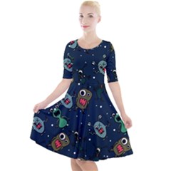 Monster-alien-pattern-seamless-background Quarter Sleeve A-line Dress by Wav3s