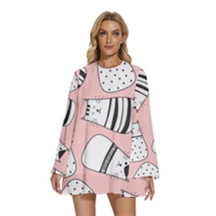 Cute Cats Cartoon Seamless-pattern Round Neck Long Sleeve Bohemian Style Chiffon Mini Dress by Vaneshart