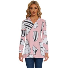 Cute Cats Cartoon Seamless-pattern Long Sleeve Drawstring Hooded Top by Vaneshart