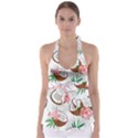 Seamless Pattern Coconut Piece Palm Leaves With Pink Hibiscus Babydoll Tankini Top View1