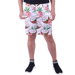 Seamless Pattern Coconut Piece Palm Leaves With Pink Hibiscus Men s Pocket Shorts by Vaneshart