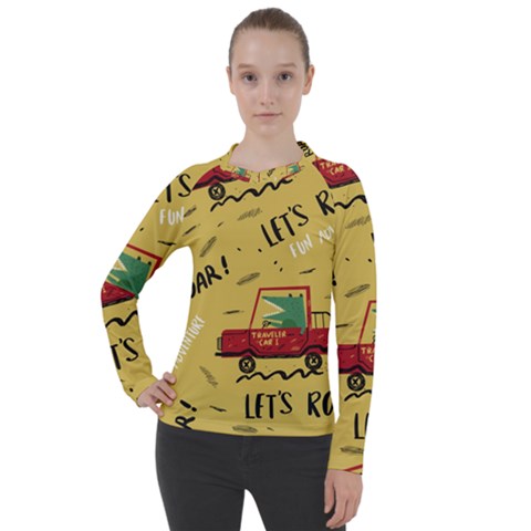 Childish-seamless-pattern-with-dino-driver Women s Pique Long Sleeve Tee by Vaneshart