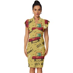 Childish-seamless-pattern-with-dino-driver Vintage Frill Sleeve V-neck Bodycon Dress by Vaneshart