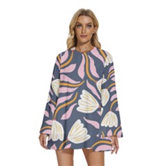 Flowers Pattern Floral Pattern Round Neck Long Sleeve Bohemian Style Chiffon Mini Dress by Vaneshop