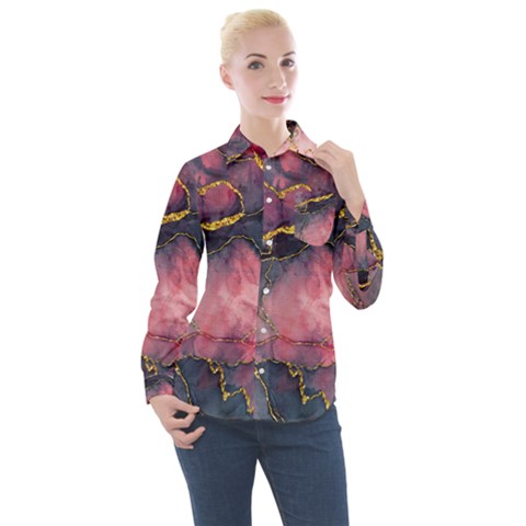 Pink Texture Resin Women s Long Sleeve Pocket Shirt by Vaneshop