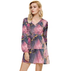 Pink Texture Resin Tiered Long Sleeve Mini Dress by Vaneshop