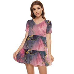 Pink Texture Resin Tiered Short Sleeve Babydoll Dress by Vaneshop