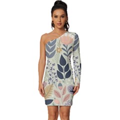 Flower Floral Pastel Long Sleeve One Shoulder Mini Dress by Vaneshop