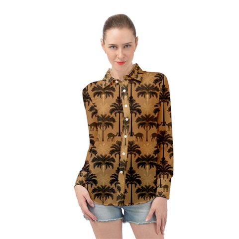 Camel Palm Tree Long Sleeve Chiffon Shirt by Vaneshop