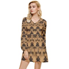 Camel Palm Tree Tiered Long Sleeve Mini Dress by Vaneshop